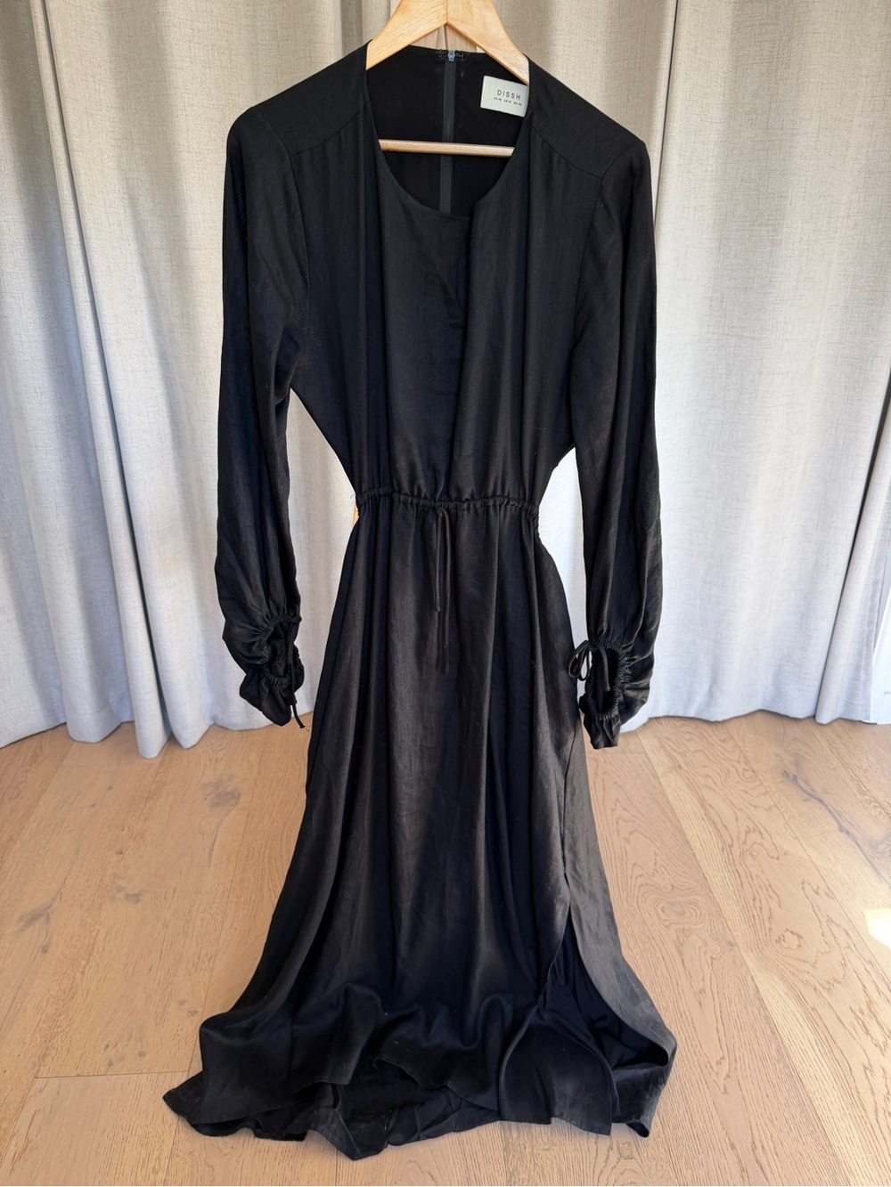 DISSH Black Long Sleeve Midi Dress with Tie Cuffs